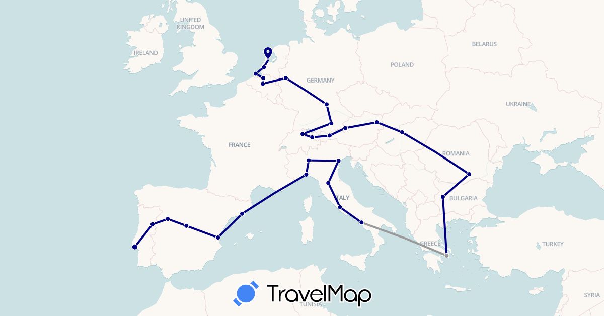 TravelMap itinerary: driving, plane in Austria, Belgium, Bulgaria, Switzerland, Germany, Spain, Greece, Hungary, Italy, Liechtenstein, Netherlands, Portugal, Romania (Europe)
