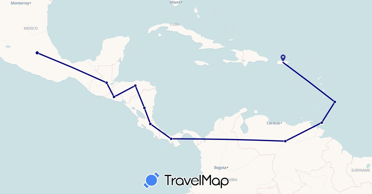 TravelMap itinerary: driving in Barbados, Costa Rica, Guatemala, Honduras, Mexico, Nicaragua, Panama, El Salvador, Trinidad and Tobago, United States, Venezuela (North America, South America)